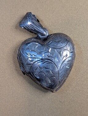 Vintage Sterling Silver Heart Locket Pendant with Engraved Scrollwork